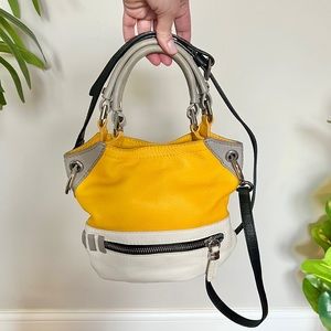 Yellow, white & gray Oryany crossbody leather hobo tote bag—excellent condition!